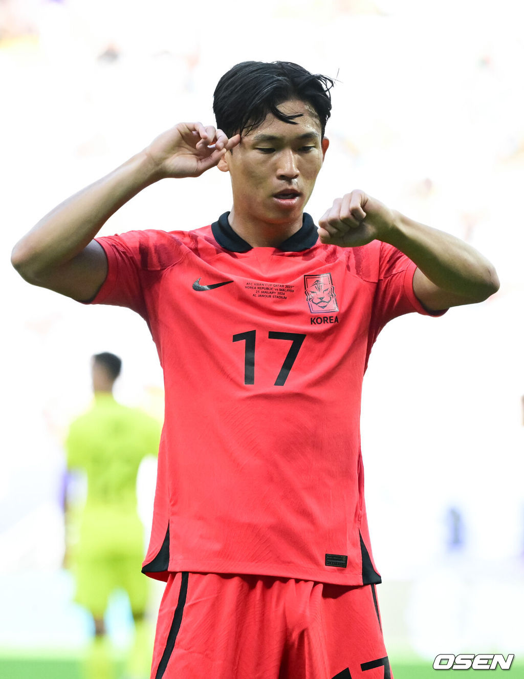 25일(현지시간) 오후 카타르 알 와크라에 위치한 알 자누브 스타디움에서 2023 아시아축구연맹(AFC) 아시안컵 E조 조별리그 최종전 대한민국과 말레이시아의 경기가 열렸다.전반 정우영이 선제골 넣고 세리머니를 하고 있다. 2024.01.25 / jpnews.osen.co.kr