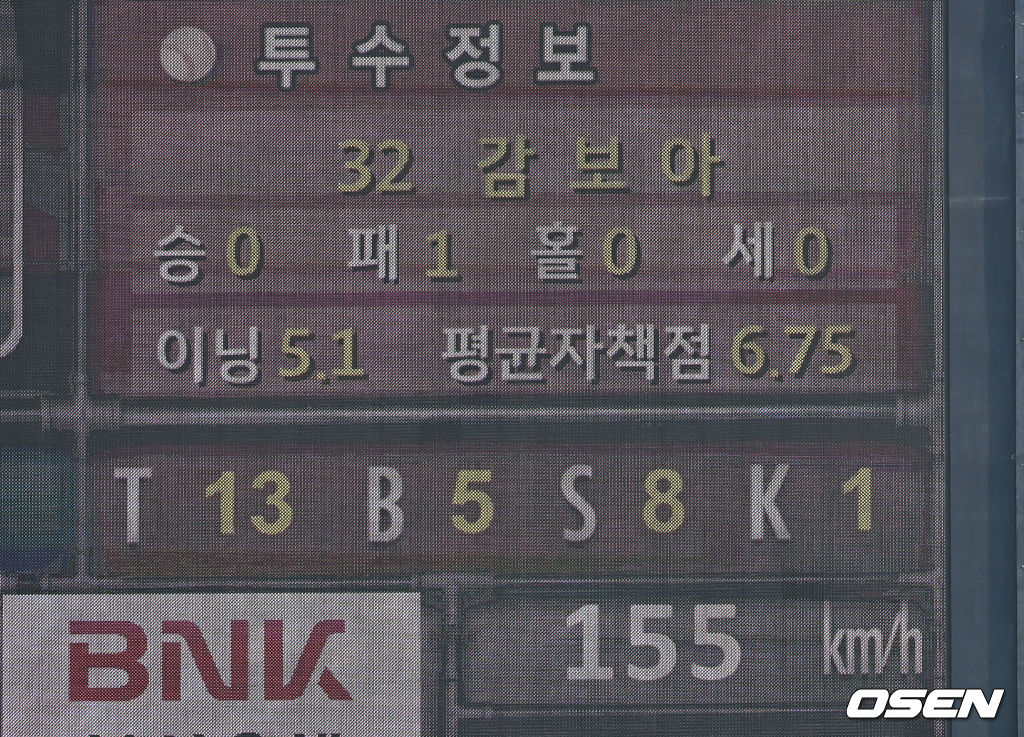 롯데 자이언츠 선발 투수 감보아가 1회초 155km를 던지고 있다.