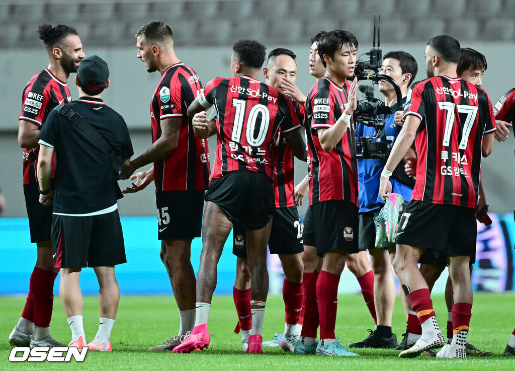 기성용 이적 사가'로 인해 관심이 집중된 FC 서울과 포항 스틸러스의 맞대결은 서울의 완승으로 끝났다. 서울은 29일 서울월드컵경기장에서 열린 하나은행 K리그 1 2025 21라운드 포항 스틸러스와 맞대결서 4-1로 승리했다. 승리가 확정된 순간 서울 선수들이 기쁨을 나누고 있다. 2025.06.29 / ksl0919@osen.co.kr