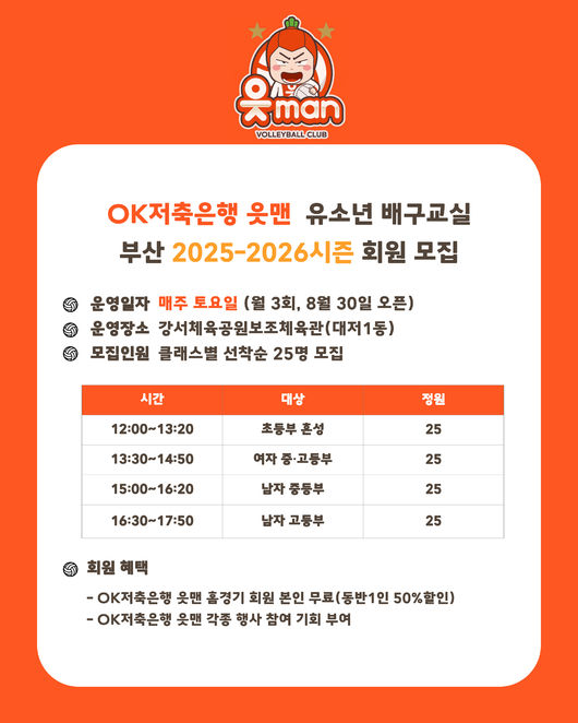 OK저축은행 읏맨 프로배구단이 2025-2026시즌 부산 유소년 배구교실 회원을 모집한다고 밝혔다. / OK저축은행