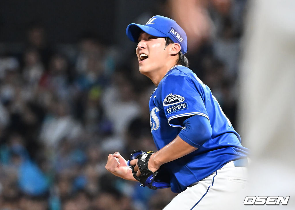 20일 창원NC파크에서 2025 신한 SOL 뱅크 KBO 리그 NC 다이노스와 삼성 라이온즈의 경기가 열렸다. 홈팀 NC는 목지훈이, 방문팀 삼성은 원태인이 선발 출전했다. 삼성 라이온즈 원태인이 6회말 2사 2,3루 NC 다이노스 박건우를 잡고 환호하고 있다. 2025.08.20 / foto0307@osen.co.kr