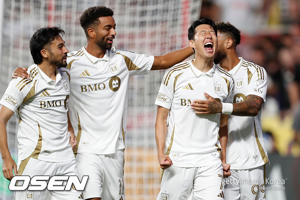 SANDY, UT - SEPTEMBER 17: Heung Min Son #7 of the Los Angeles Football Club is congratulated by teammates Timothy Tillman #11, Mathieu Choiniere #66, and Denis Bouanga #99 after scoring against  Real Salt Lake during the first half of their game at America First Field on September 17, 2025 in Sandy, Utah. (Photo by Chris Gardner/Getty Images)