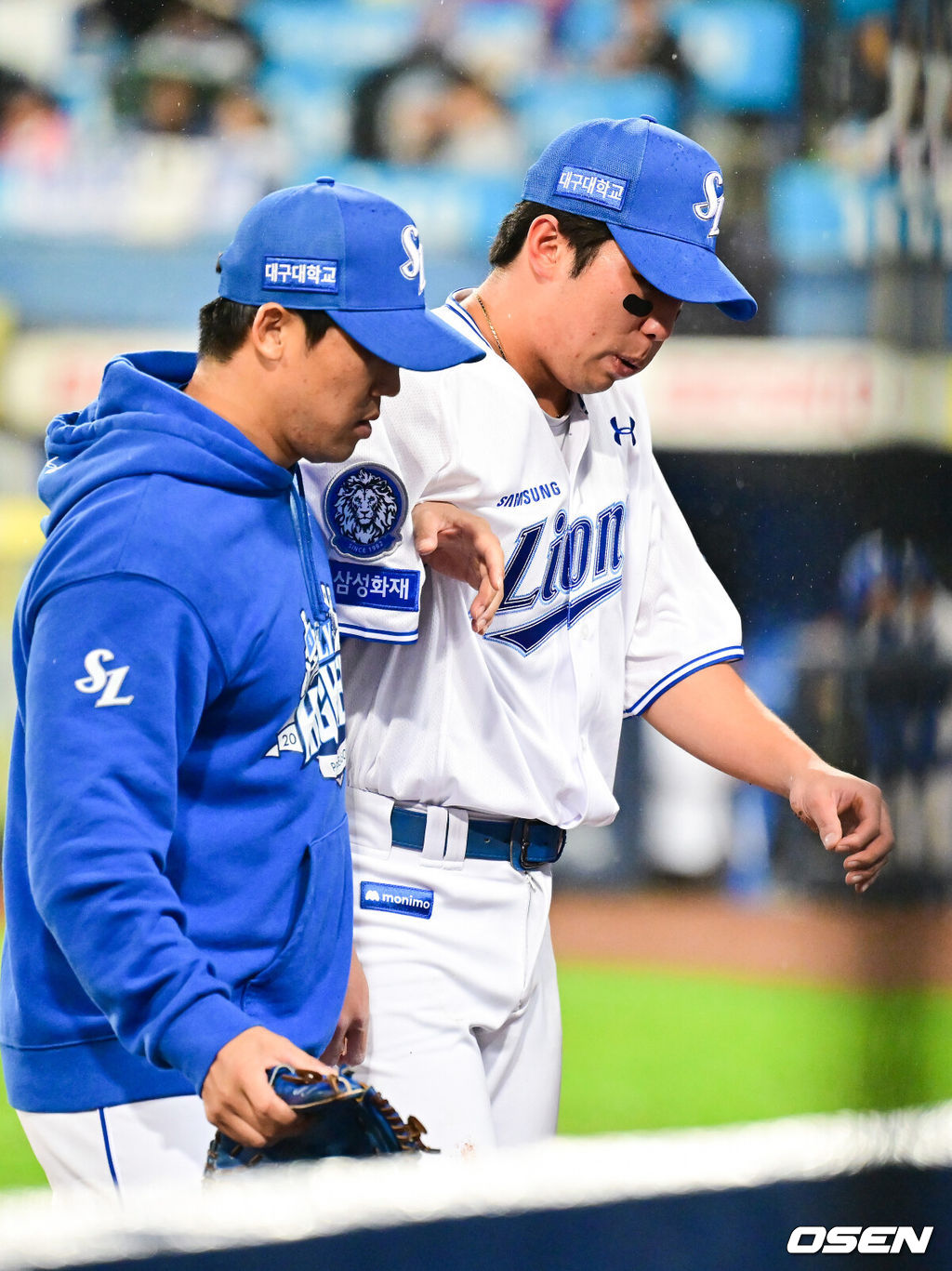 13일 대구 삼성라이온즈파크에서 ‘2025 신한 SOL뱅크 KBO리그’ 준플레이오프(5전 3선승제) 3차전 삼성 라이온즈와 SSG 랜더스의 경기가 열렸다삼성은 원태인, 방문팀 SSG은 드류 앤더슨을 선발로 내세웠다.8회말 1사 SSG 에레디아의 내야땅볼 타구를 삼성 김영웅이 실책으로 놓치며 부상 당한뒤 부축받으며 퇴장하고 있다. 025.10.13 / soul1014@osen.co.kr