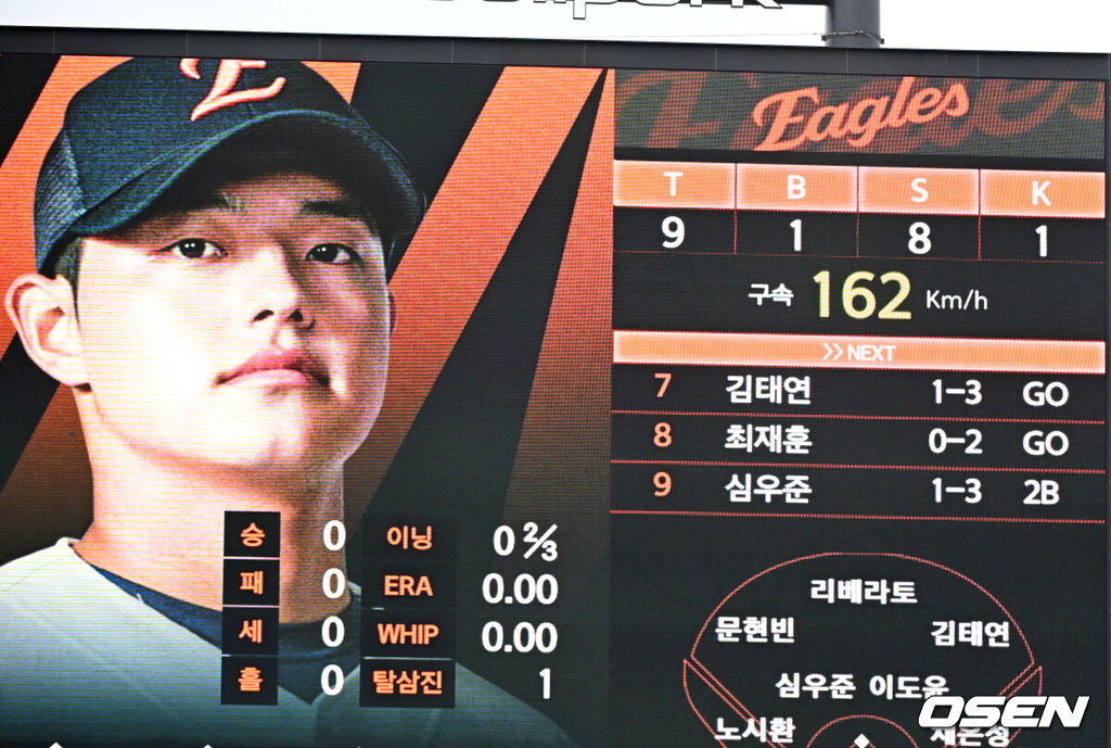 18일 오후 대전 한화생명볼파크에서 2025 신한 SOL Bank KBO리그 포스트시즌 플레이오프 1차전 한화 이글스와 삼성 라이온즈의 경기가 열렸다.한화는 폰세, 삼성은 가라비토를 선발 투수로 내세웠다.7회초 한화 문동주가 투구속도 162km를 기록하고 있다. 2025.10.18 /sunday@osen.co.kr