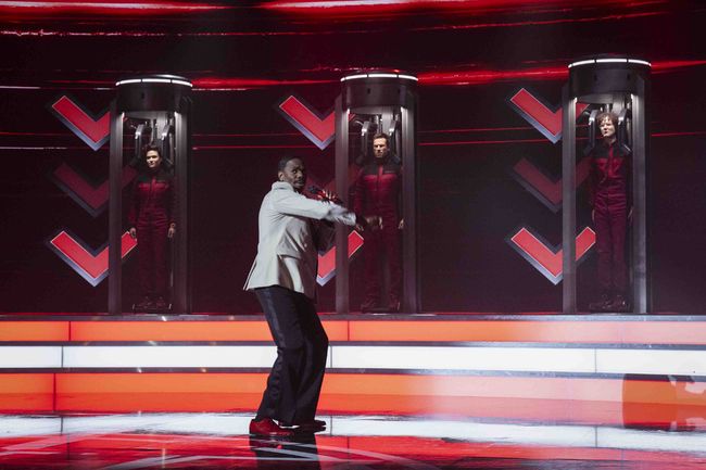 L-r, Katy O'Brian, Colman Domingo, Glen Powell and Martin Herlihy star in Paramount Pictures' "THE RUNNING MAN."