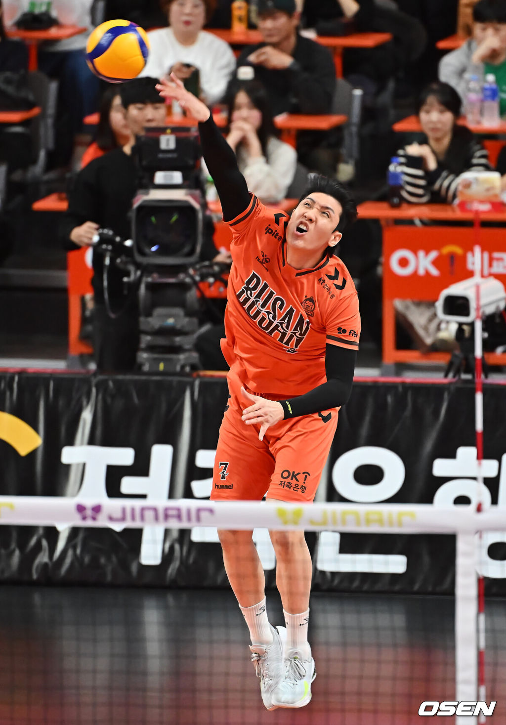 12일 부산 강서실내체육관에서 진에어 2025-2026 V리그 남자부 OK저축은행과 대한항공의 경기가 열렸다. 남자배구에서 파죽의 10연승을 달리는 대한항공과 '상위팀 킬러'로 통하는 OK저축은행이 외나무다리 대결을 펼쳤다.OK저축은행 신장호가 서브 득점을 올리고 있다. 2025.12.12 / foto0307@osen.co.kr