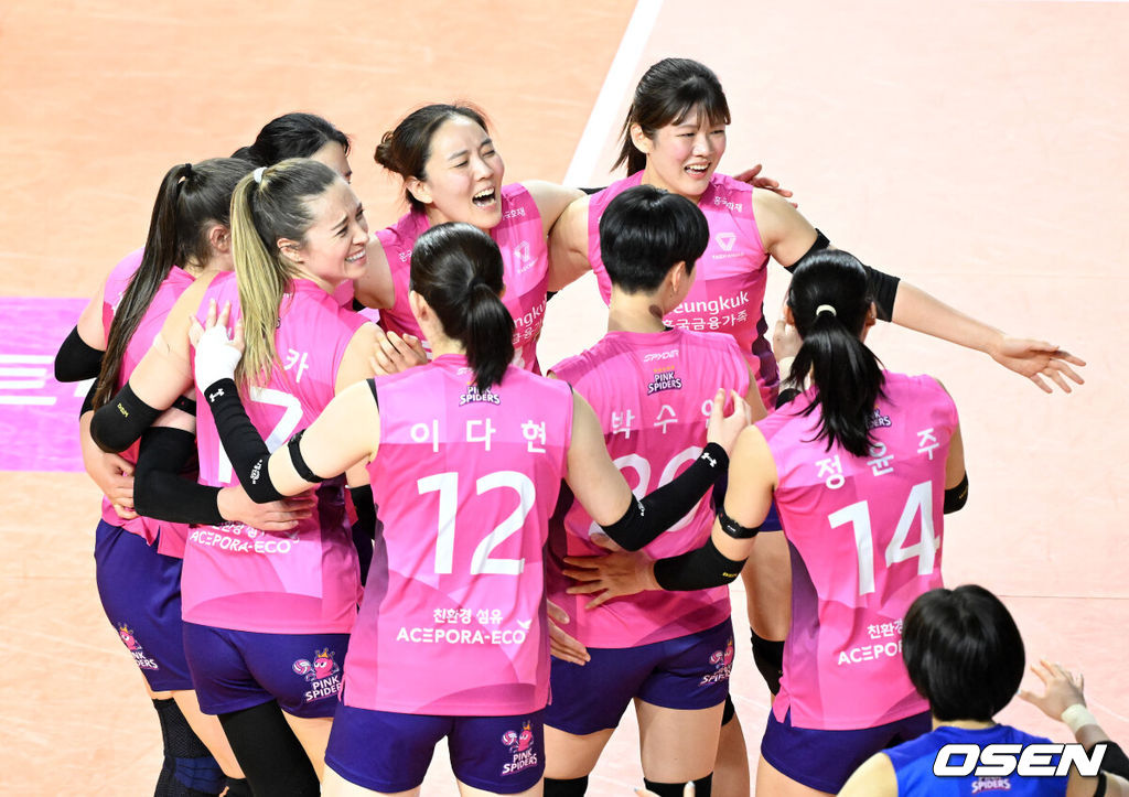 흥국생명은 14일 오후 인천 삼산월드체육관에서 열린 진에어 2025-2026 V-리그 한국도로공사와의 경기에서 세트 스코어 3-1(23-25, 25-22, 29-27, 25-0)로 승리했다.흥국생명은 3연승을 달렸다.경기 종료 후 흥국생명 선수들이 승리의 기쁨을 나누고 있다. 2026.01.14 /sunday@osen.co.kr