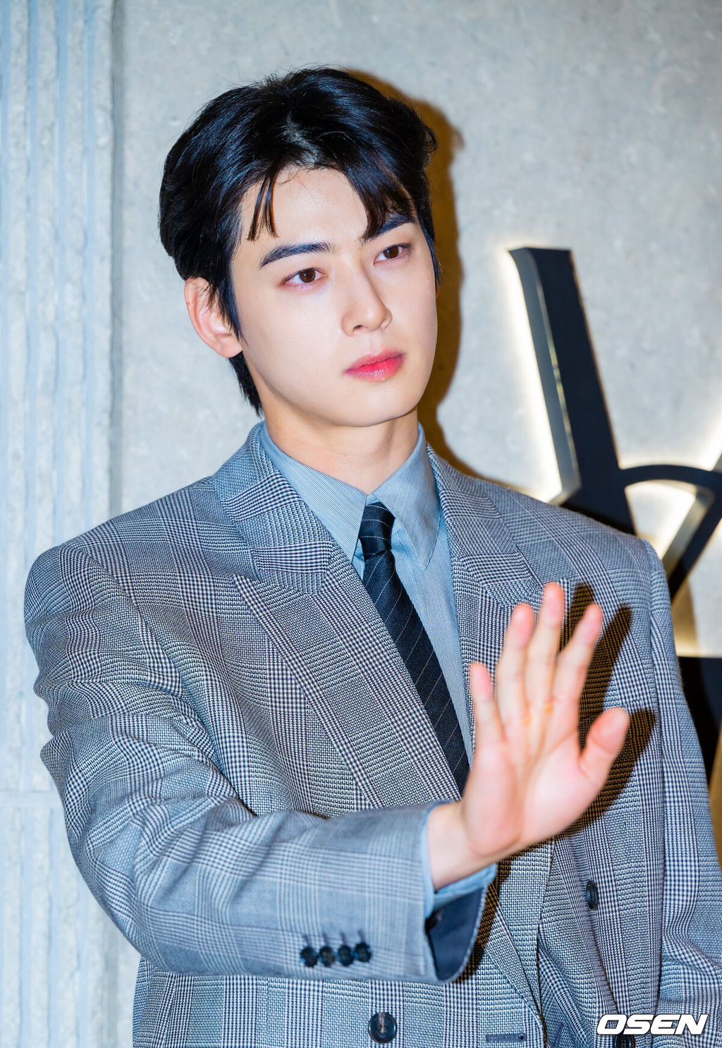 31일 오후 가수 겸 배우 차은우가 3월31일 오후 서울 중구 신세계 백화점 본점에서 열린 한 럭셔리 브랜드 스토어 리뉴얼 오프닝 포토 행사에 참석했다.이 자리에는 차은우, 이청아, 김도연, 이종원, 김나영이 참석해 자리를 빛냈다.차은우가 입장하며 포즈를 취하고 있다. 2025.03.31 / rumi@osen.co.kr