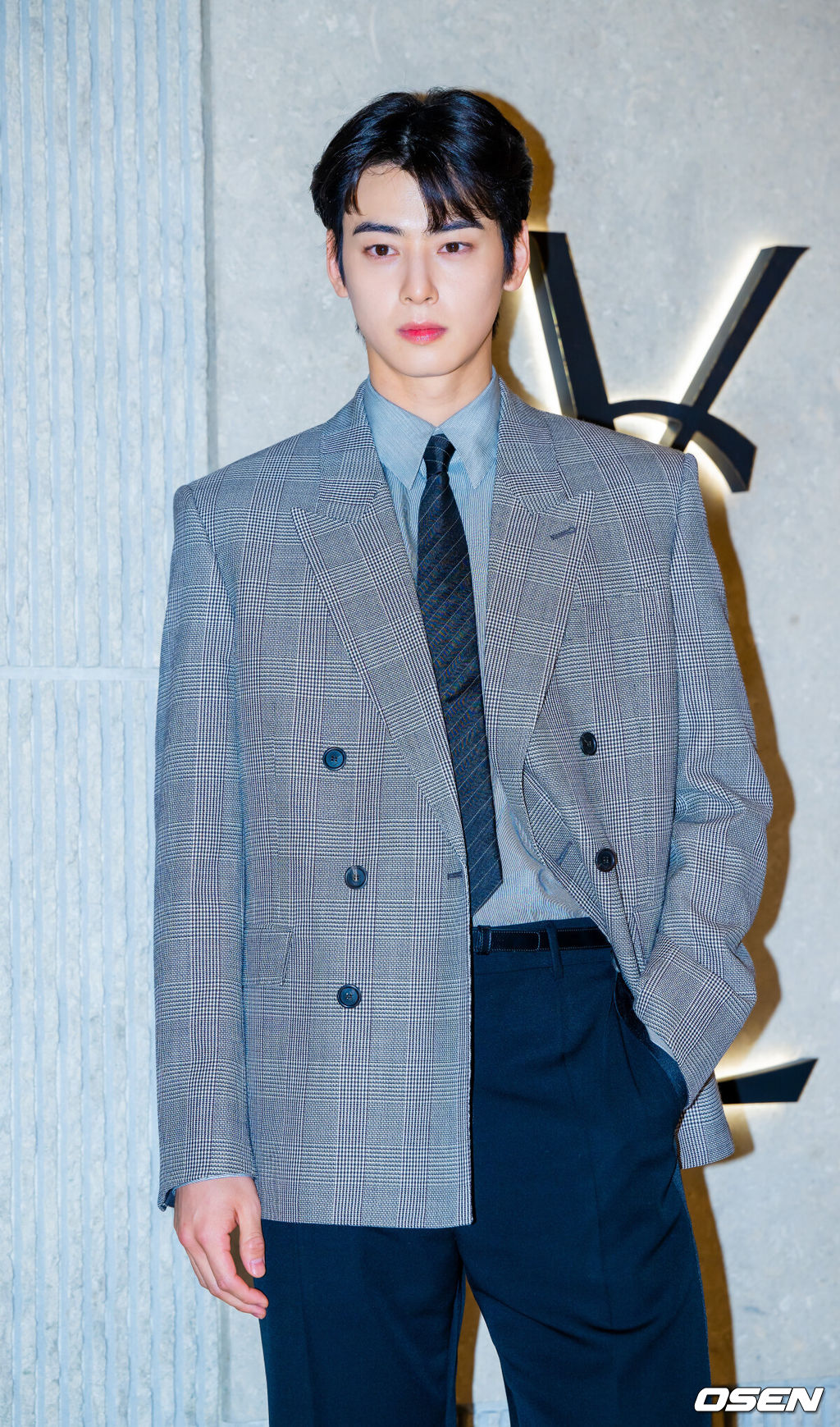 31일 오후 가수 겸 배우 차은우가 3월31일 오후 서울 중구 신세계 백화점 본점에서 열린 한 럭셔리 브랜드 스토어 리뉴얼 오프닝 포토 행사에 참석했다.이 자리에는 차은우, 이청아, 김도연, 이종원, 김나영이 참석해 자리를 빛냈다.차은우가 입장하며 포즈를 취하고 있다. 2025.03.31 / rumi@osen.co.kr