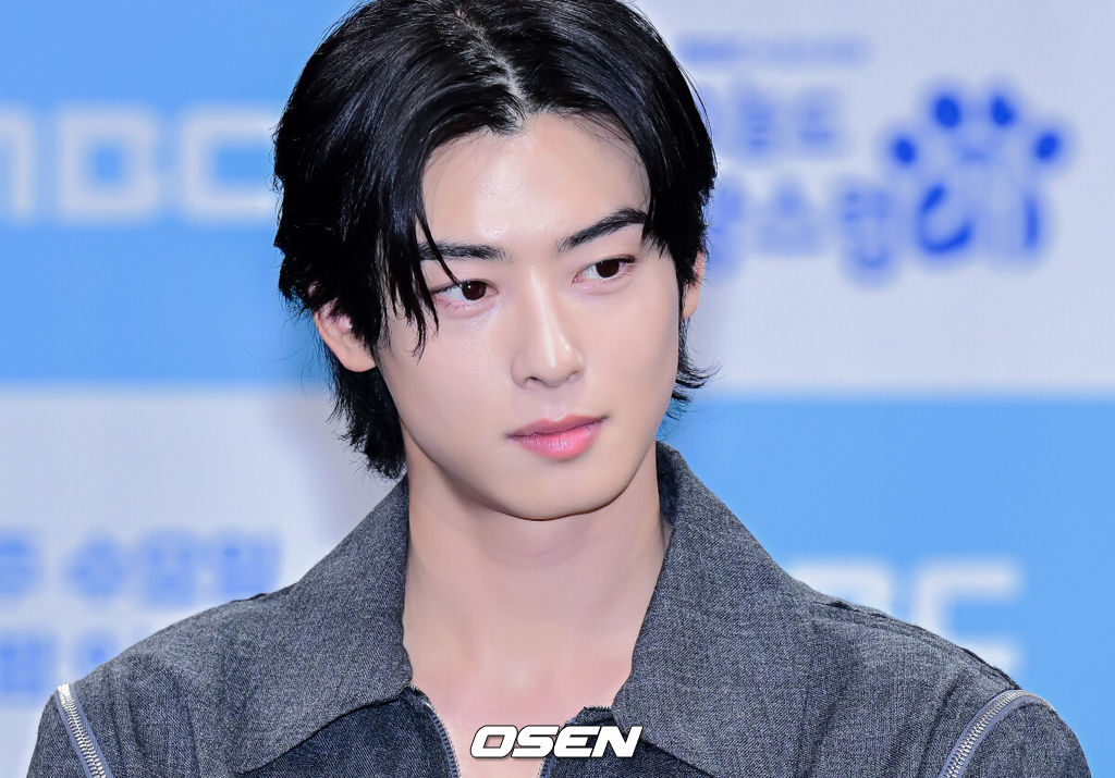 11일 오후 서울 상암동 MBC에서 새 수요드라마 ‘오늘도 사랑스럽개’ 제작발표회가 열렸다.‘오늘도 사랑스럽개’는 동명의 네이버웹툰 ‘오늘도 사랑스럽개’(작가 이혜)가 원작으로 키스를 하면 개로 변하는 저주에 걸린 여자와 그 저주를 풀 수 있는 유일한 치트키지만 개를 무서워하는 남자의 댕며드는 예측불허 판타지 로맨스 드라마다. 특히 원작과 완벽한 싱크로율을 자랑하는 배우 차은우, 박규영, 이현우 등의 케미가 방송 전부터 큰 이슈를 몰고 있다.배우 차은우가 간담회를 하고 있다. 2023.10.11 /jpnews@osen.co.kr