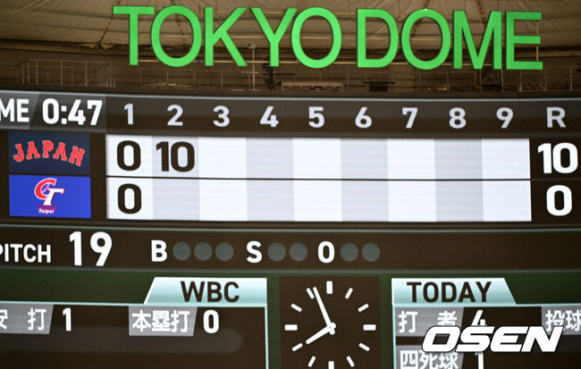 [OSEN=도쿄(일본), 손용호 기자] 6일 일본 도쿄돔에서 월드베이스볼클래식(WBC) 조별리그 C조 일본과 대만의 경기가&nbsp;열렸다.일본은 야마모토 요시노부, 대만은 쩡하오쥔을 선발로 내세웠다.2회초 일본의 10득점 기록이 전광판에 표시되고 있다. 2026.03.06&nbsp;/spjj@osen.co.kr