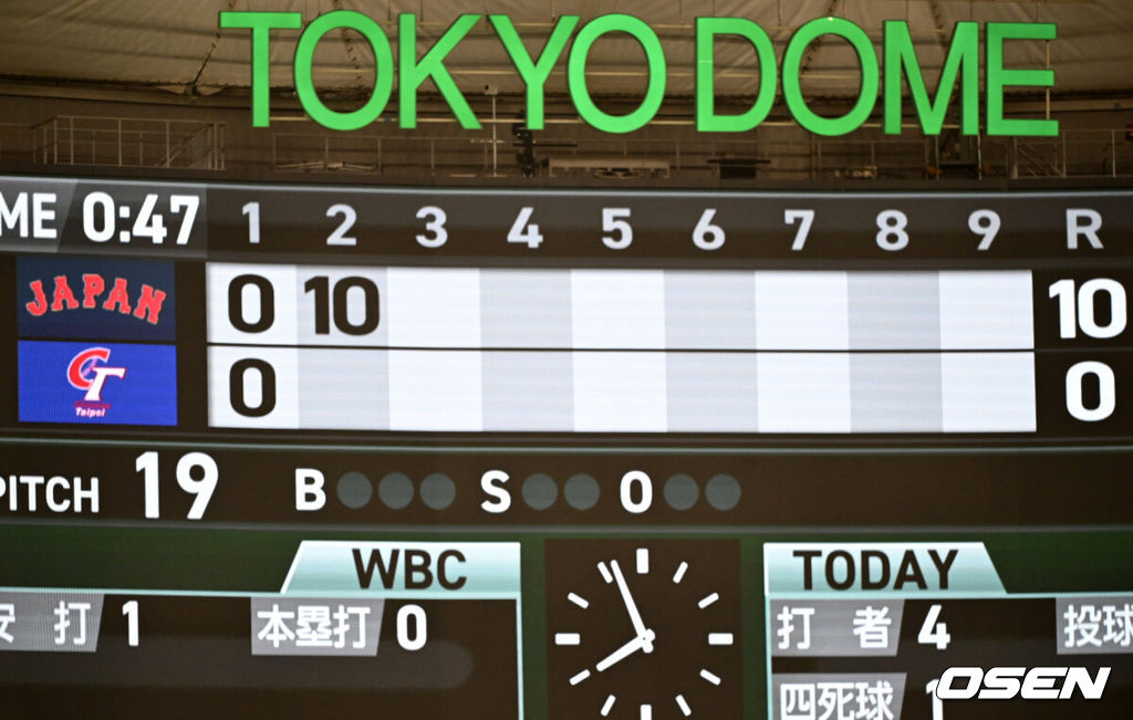 6일 일본 도쿄돔에서 월드베이스볼클래식(WBC) 조별리그 C조 일본과 대만의 경기가 열렸다.일본은 야마모토 요시노부, 대만은 쩡하오쥔을 선발로 내세웠다.2회초 일본의 10득점 기록이 전광판에 표시되고 있다. 2026.03.06 /spjj@osen.co.kr