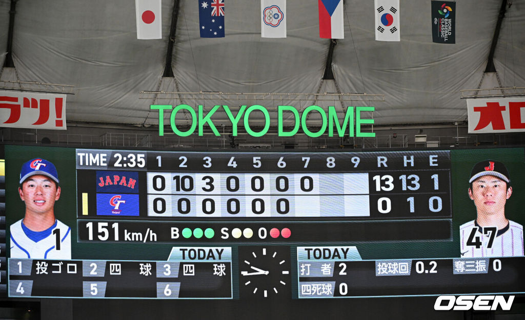 월드베이스볼클래식(WBC) 2연패를 향한 일본의 첫 여정이 파괴적이었다. 대만을 5회 콜드게임으로 몰아붙이면서 완벽한 승리를 거뒀다.일본은 6일 일본 도쿄돔에서 열린 ‘2026 월드베이스볼클래식(WBC)’ 1라운드 C조 대만과의 첫 경기에서 13-0, 7회 콜드게임 승리를 거두며 완벽한 출발을 알렸다. 일본은 대회 첫 승을 거뒀고 대만은 2패로 탈락 위기에 몰렸다.7회까지 13점 차 리드를 기록한 일본 대표팀의 기록이 전광판에 표시돼 있다. 2026.03.06 /spjj@osen.co.kr