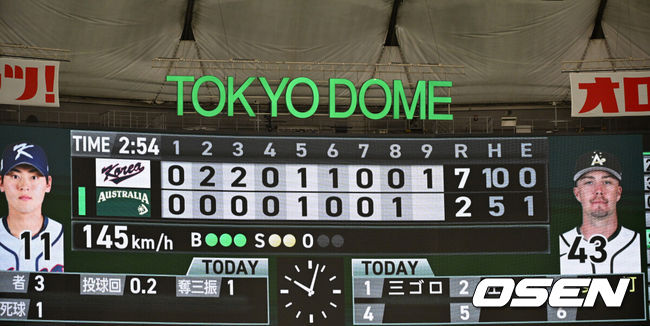 [OSEN=도쿄(일본), 손용호 기자] 도쿄의 기적이 나왔다. 한국 WBC 대표팀이 17년 만에 1라운드를 통과했다.&nbsp;한국은 9일 일본 도쿄돔에서 열린 ‘2026 월드베이스볼클래식(WBC)’ 1라운드 C조 호주와의 경기에서 로 승리를 거뒀다. 이로써 한국은 조별라운드 2승2패를 기록하면서 호주, 대만 등을 최소실점률로 제치면서 2009년 이후 17년 만에 1라운드를 통과했다. 이제 한국은 마이애미행 전세기를 탄다.경기 종료 후 한국과 호주의 기록이 전광판에 표시돼 있다. 2026.03.09&nbsp;/spjj@osen.co.kr
