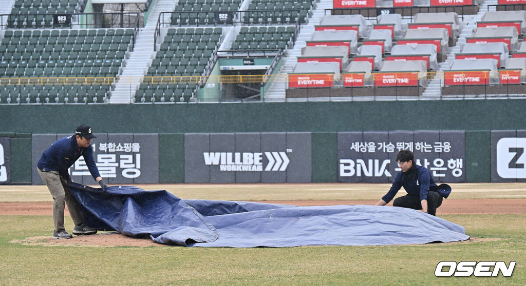 13일 부산 사직야구장에서 2026 신한 SOL KBO 리그 롯데 자이언츠와 KT 위즈의 시범경기가 열렸다. 홈팀 롯데는 쿄야마가 방문팀 KT는 보쉴리가 선발 출전했다.많은 비가 내리자 관계자들이 마운드에 방수포를 덮고 있다. 2026.03.13 / foto0307@osen.co.kr