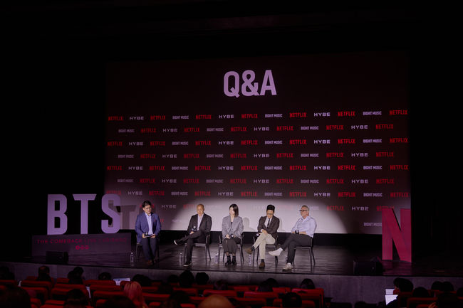 (L to R) Joe Cho, Brandon Riegg, Nicole Kim, Brandon Yu, Garrett English at BTS The Comeback Live | Arirang at Gwanghwamun Square on March 21st in Seoul, Korea. Cr. Ji Sang Chung/Netflix © 2026