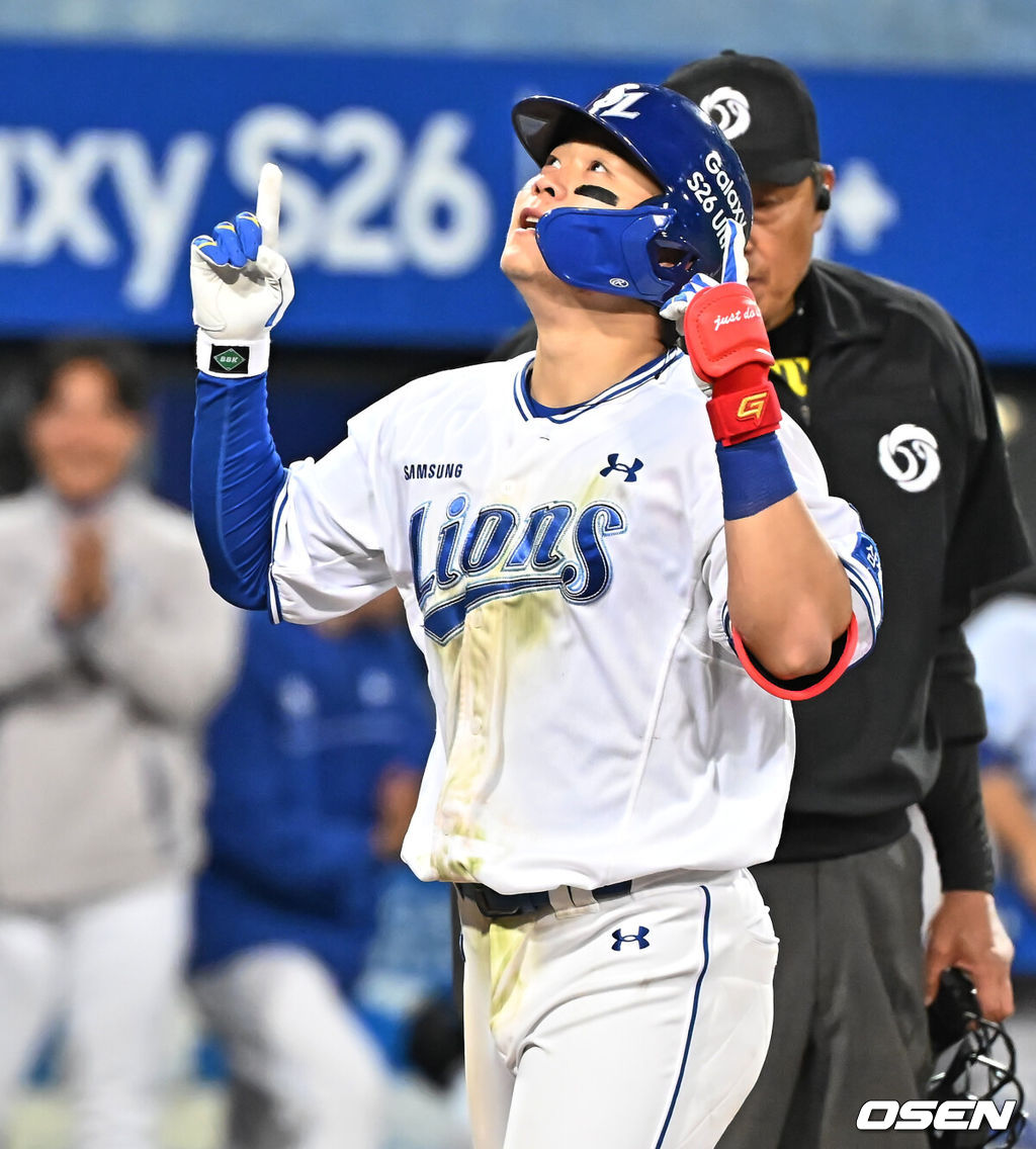 10일 대구삼성라이온즈파크에서 2026 신한 SOL KBO 리그 삼성 라이온즈와 NC 다이노스의 경기가 열렸다. 홈팀 삼성은 후라도가, 방문팀 NC는 구창모가 선발 출전했다. 삼성 라이온즈 박승규가 5회말 1사 좌월 솔로 홈런을 치고 세리머니를 하고 있다. 2026.04.10 / foto0307@osen.co.kr