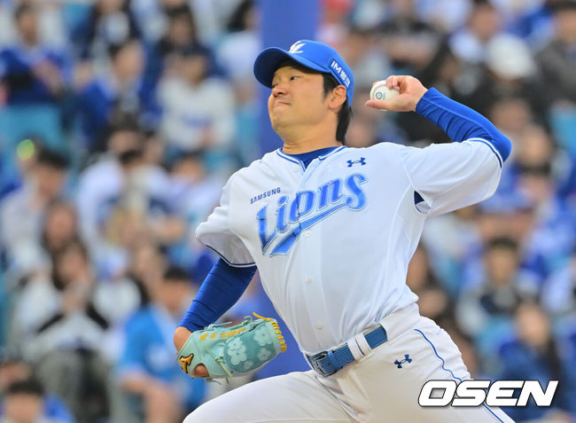 [OSEN=대구, 이석우 기자] 11일 대구삼성라이온즈파크에서 2026 신한 SOL KBO 리그 삼성 라이온즈와 NC 다이노스의 경기가 열렸다. 홈팀 삼성은 오러클린이, 방문팀 NC는 테일러가 선발 출전했다. 삼성 라이온즈 백정현이 역투하고 있다. 2026.04.11 / foto0307@osen.co.kr