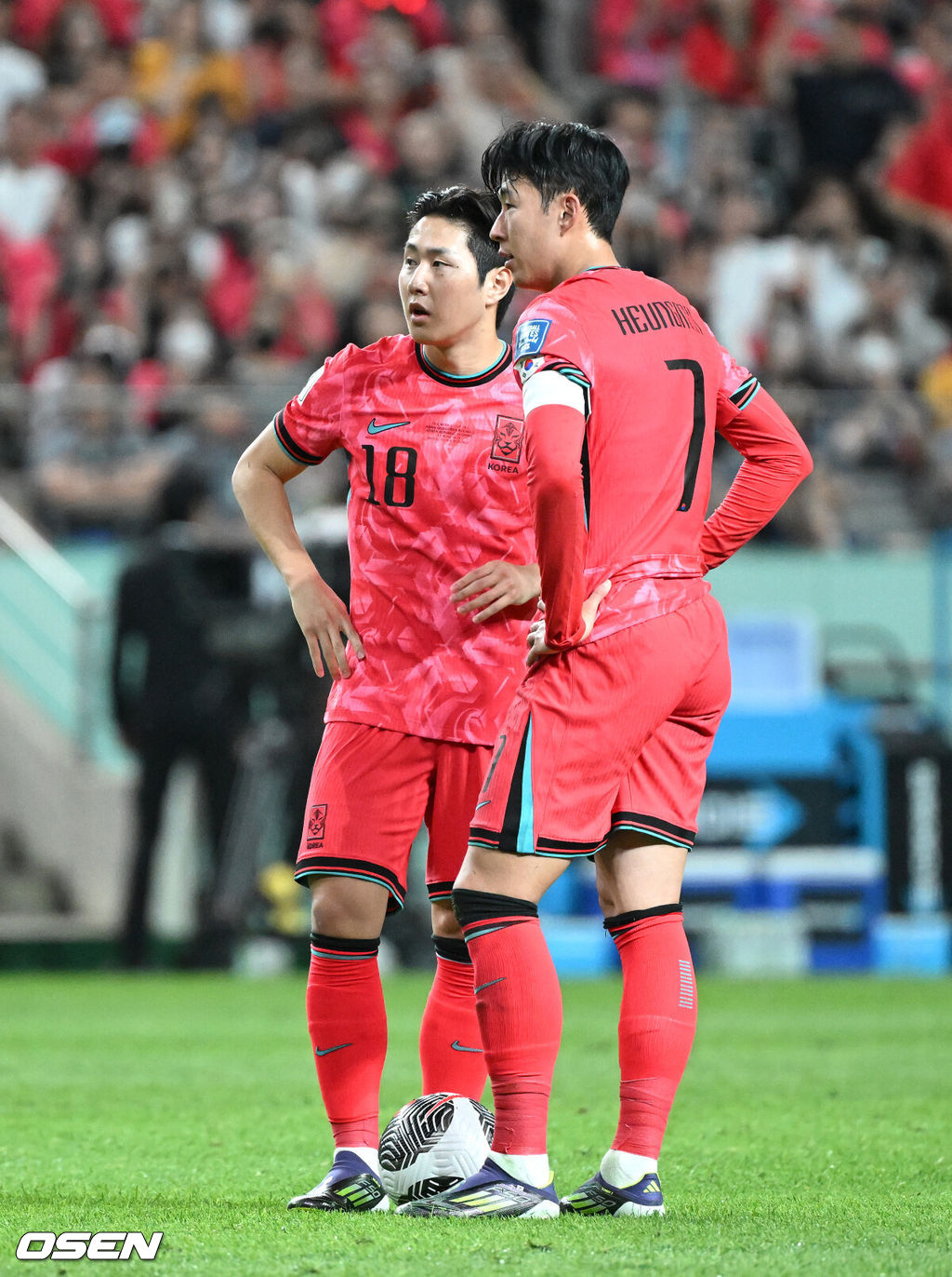 11일 오후 서울월드컵경기장에서 2026 국제축구연맹(FIFA) 북중미 월드컵 아시아 2차 예선 C조 6차전 대한민국과 중국의 경기가 열렸다.앞서 열린 5경기서 한국은 4승 1무로 이미 조 선두를 확정 지었다.반면 중국은 C조서 2승 2무 1패로 승점 8로 태국(승점 5)과 치열한 순위 다툼을 펼치고 있다.전반 대한민국 이강인, 손흥민이 프리킥을 준비하고 있다. 2024.06.11 /sunday@osen.co.kr