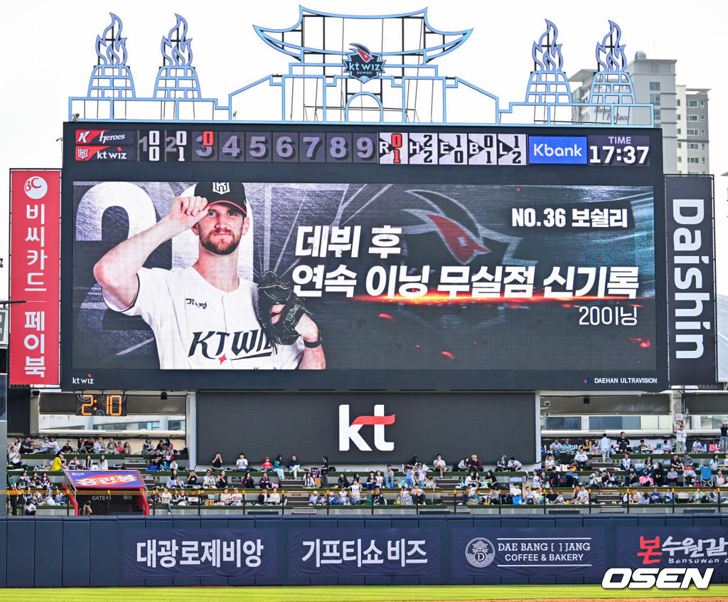 18일 오후 수원 KT위즈파크에서 ‘2026 신한 SOL Bank KBO리그' KT 위즈와 키움 히어로즈의 경기가 열렸다.이날 KT는 보쉴리, 키움은 안우진을 선발투수로 내세웠다.KT 선발 보쉴리의 데뷔 후 연속 이닝 무실점 신기록이 전광판에 표시되고 있다. 2026.04.18 / rumi@osen.co.kr