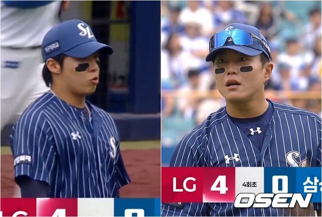 19일 대구 삼성라이온즈파크에서  LG 트윈스와 삼성 라이온즈 경기가 열렸다. 삼성 투수 원태인이 4회초 실점 과정에서 류지혁을 향해 이야기하고 있다. / 티빙 제공