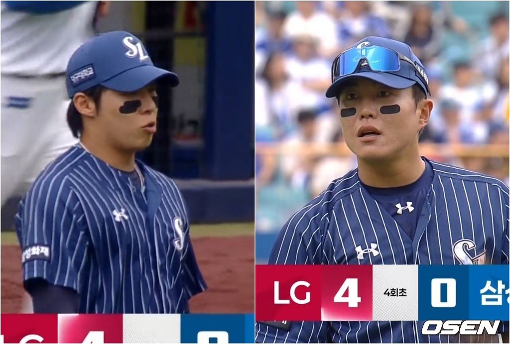 19일 대구 삼성라이온즈파크에서  LG 트윈스와 삼성 라이온즈 경기가 열렸다. 삼성 투수 원태인이 4회초 실점 과정에서 류지혁을 향해 이야기하고 있다. / 티빙 제공