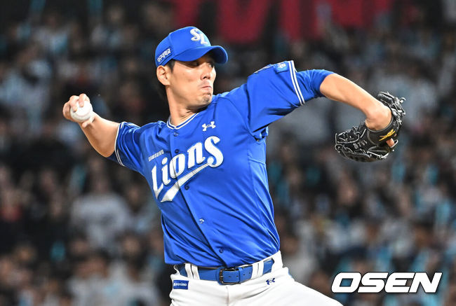 [OSEN=창원, 이석우 기자] 8일 창원NC파크에서 2026 신한 SOL KBO 리그 NC 다이노스와 삼성 라이온즈의 경기가 열렸다. 홈팀 NC는 목지훈이, 방문팀 삼성은 장찬희가 선발 출전했다. 삼성 라이온즈 김재윤이 역투하고 있다. 2026.05.08 / foto0307@osen.co.kr