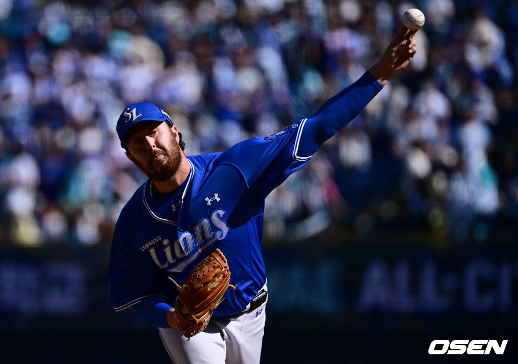 10일 창원NC파크에서 2026 신한 SOL KBO 리그 NC 다이노스와 삼성 라이온즈의 경기가 열렸다.홈팀 NC는 구창모가, 방문팀 삼성은 오러클린을 선발로 내세웠다. 5회말 삼성 오러클린이 역투하고 있다. 2026.05.10 /cej@osen.co.kr