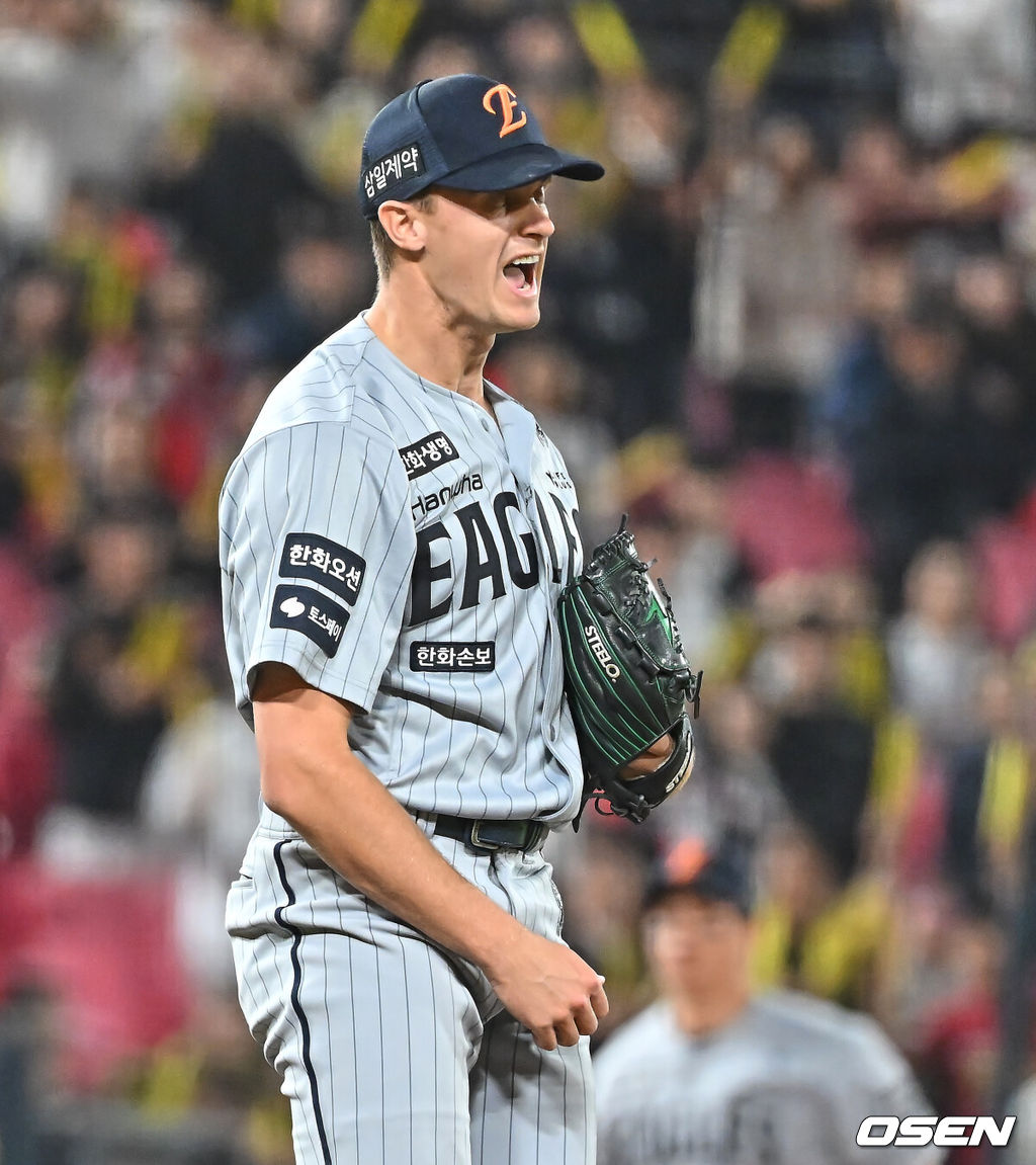 7일 광주-기아 챔피언스필드에서 2026 신한 SOL KBO 리그 KIA 타이거즈와 한화 이글스의 경기가 열렸다. 홈팀 KIA는 양현종이, 방문팀 한화는 정우주가 선발 출전했다.한화 이글스 쿠싱이 KIA 타이거즈에 11-8로 승리한 후 포효하고 있다. 2026.05.07 / foto0307@osen.co.kr