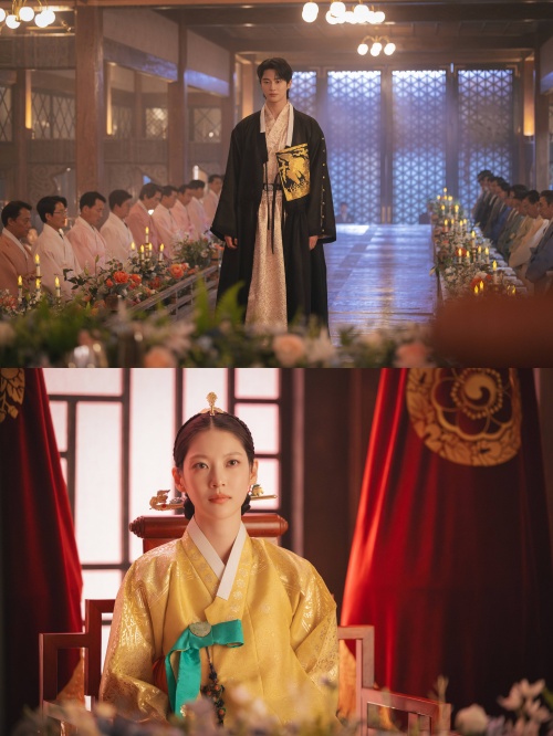 [사진=MBC, 디즈니+ 제공] '21세기 대군부인'에서 왕의 숙부 이안대군(변우석 분, 위)이 섭정으로 강한 존재감을 발휘하며 대비 윤이랑(공승연 분, 아래)과 서로를 견제하며 압박하고 있다. 