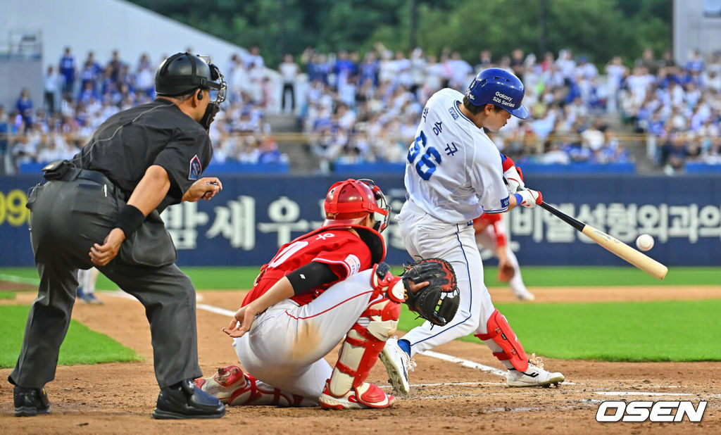13일 대구삼성라이온즈파크에서 2026 신한 SOL KBO 리그 삼성 라이온즈와 SSG 랜더스의 경기가 열렸다. 홈팀 삼성은 후라도가, 방문팀 SSG는 베니지아노가 선발 출전했다. 삼성 라이온즈 박승규가 7회말 1사 2,3루 좌중간 역전 2타점 안타를 치고 있다. 2026.06.13 / foto0307@osen.co.kr