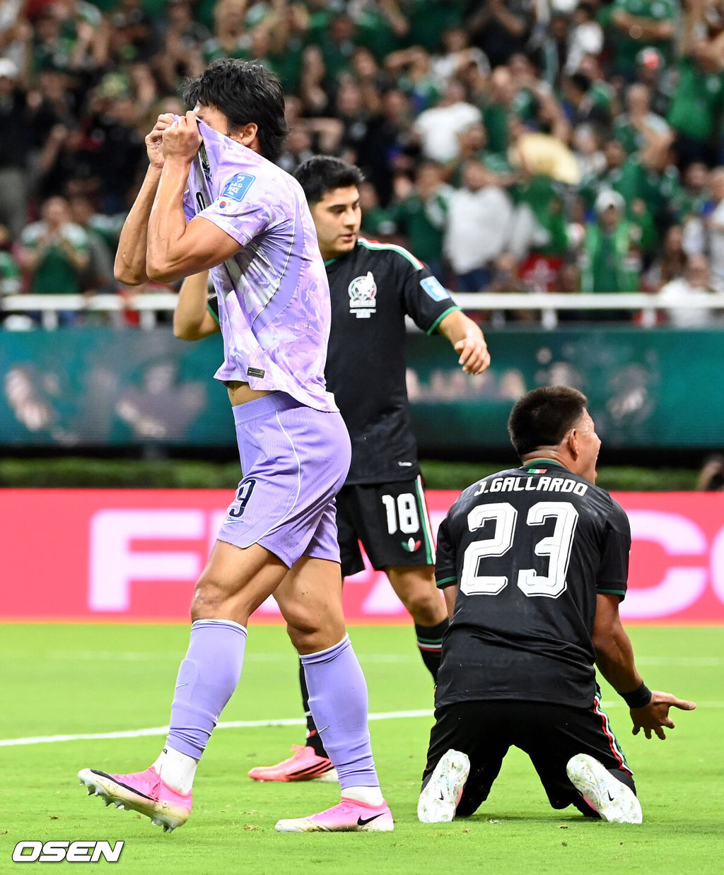 19일 (한국시각) 멕시코 에스타디오 과달라하라에서 2026 국제축구연맹(FIFA) 북중미 월드컵 A조 조별리그 2차전 대한민국과 멕시코의 경기가 열렸다.체코를 상대로 2-1 역전승을 거둔 한국은 멕시코전 승리와 함께 조 1위 도약을 노린다. 멕시코 역시 남아프리카공화국을 2-0으로 꺾고 승점 3점을 확보했다. 후반 조규성의 슈팅이 랑헬에 막히자 아쉬워하고 있다. 2026.06.19 /sunday@osen.co.kr