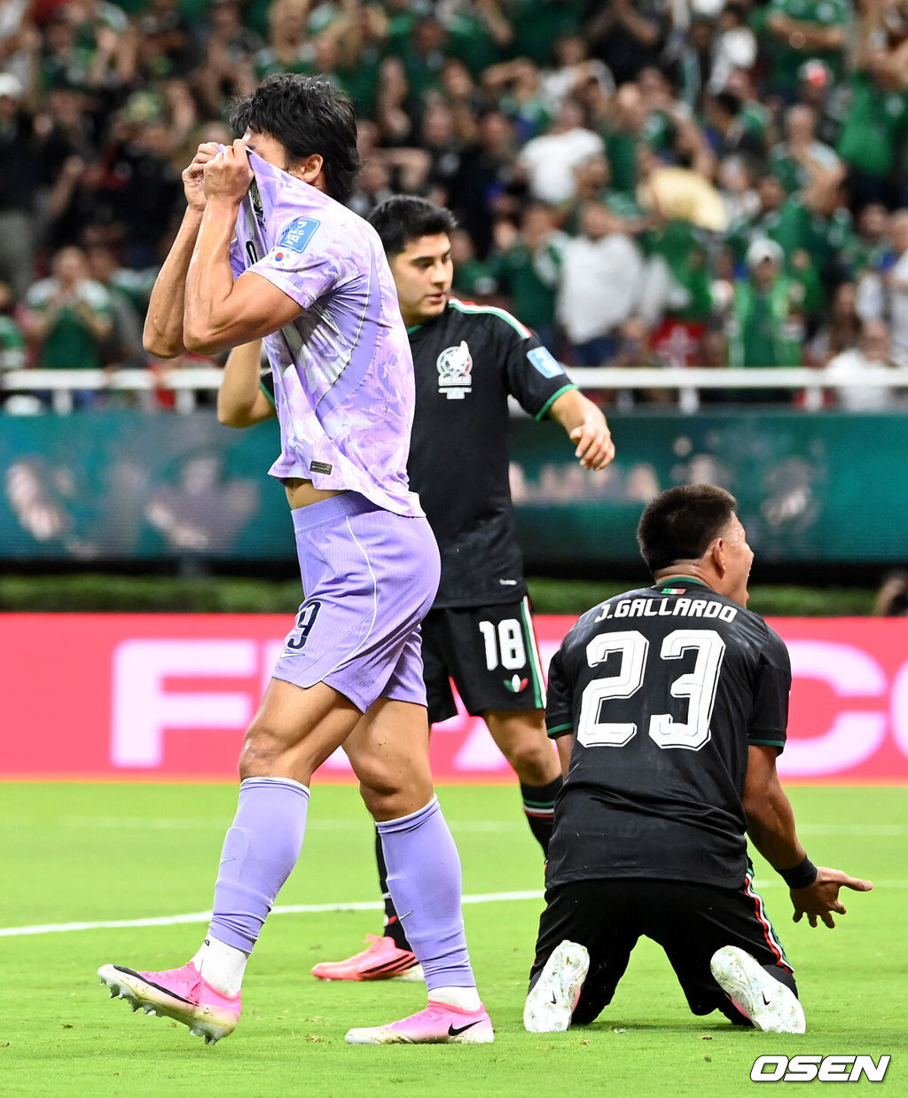 19일 (한국시각) 멕시코 에스타디오 과달라하라에서 2026 국제축구연맹(FIFA) 북중미 월드컵 A조 조별리그 2차전 대한민국과 멕시코의 경기가 열렸다.체코를 상대로 2-1 역전승을 거둔 한국은 멕시코전 승리와 함께 조 1위 도약을 노린다. 멕시코 역시 남아프리카공화국을 2-0으로 꺾고 승점 3점을 확보했다. 후반 조규성의 슈팅이 랑헬에 막히자 아쉬워하고 있다. 2026.06.19 /sunday@osen.co.kr
