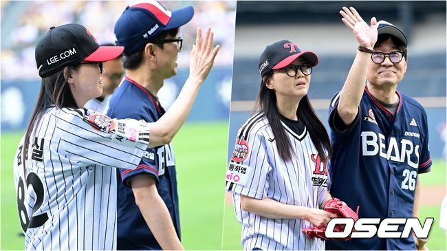 '82-26' 번호를 새기고 서로의 팀을 응원하며 손인사를 전하는 김은희 작가와 장항준 감독. 