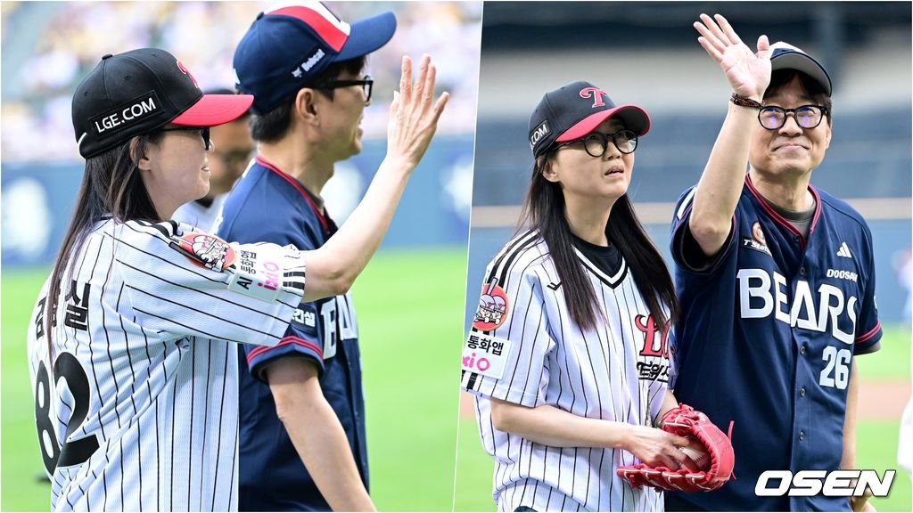 '82-26' 번호를 새기고 서로의 팀을 응원하며 손인사를 전하는 김은희 작가와 장항준 감독. 