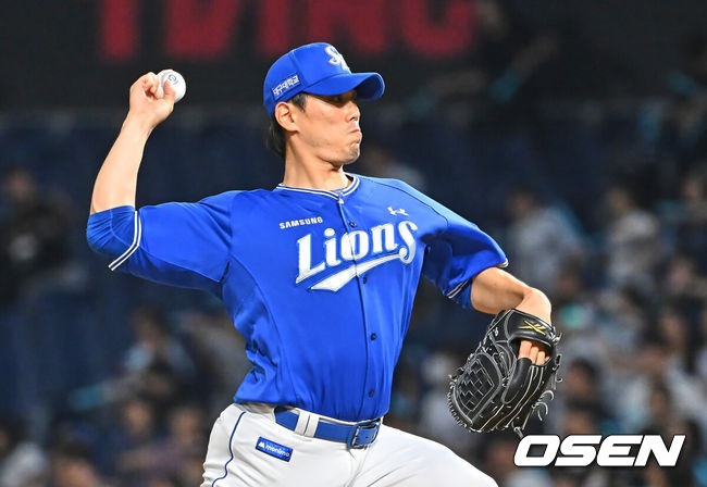 [OSEN=창원, 이석우 기자] 30일 창원NC파크에서 2026 신한 SOL KBO 리그 NC 다이노스와 삼성 라이온즈의 경기가 열렸다. 홈팀 NC는 테일러가, 방문팀 삼성은 오러클린이 선발 출전했다. 삼성 라이온즈 김재윤이 역투하고 있다. 2026.06.30 / foto0307@osen.co.kr