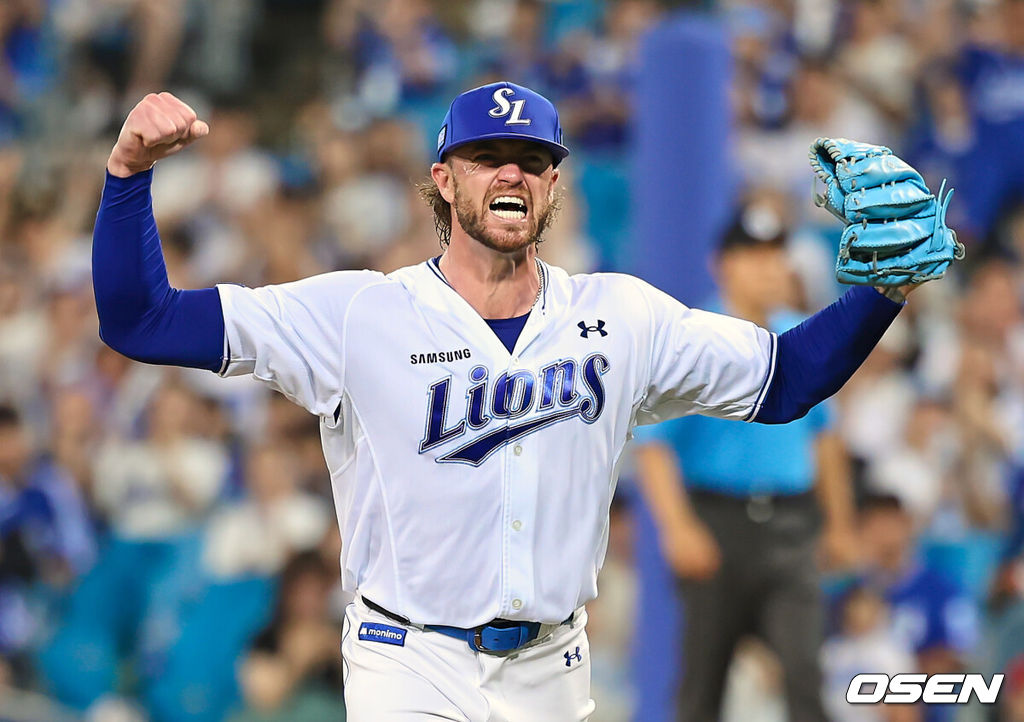 29일 대구삼성라이온즈파크에서 2026 신한 SOL KBO 리그 삼성 라이온즈와 KT 위즈의 경기가 열렸다. 홈팀 삼성은 페덱이, 방문팀 KT는 로건이 선발 출전했다. 삼성 라이온즈 선발 투수 페덱이 6회초 2사 2,3루 KT 위즈 유준규를 삼진으로 잡고 포효하고 있다. 2026.08.29 / foto0307@osen.co.kr