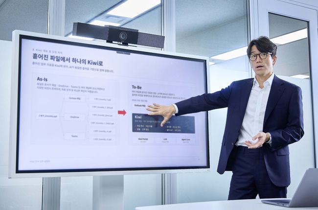 김용훈 SK스퀘어 AI혁신담당이 SK스퀘어 AX(AI전환) 전략을 설명하고 있다.