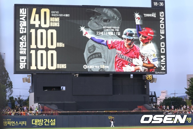김도영의 최연소 40홈런 100타점 100득점 축하 전광판./KIA 타이거즈 제공