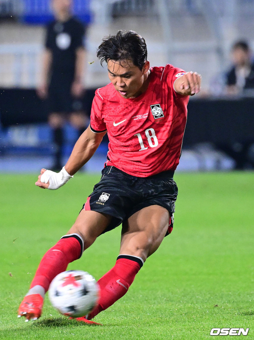 로베르트 모레노 감독이 이끄는 대한민국 축구대표팀이 24일 수원월드컵경기장에서 에콰도르와 친선경기를 가졌다.이날 경기는 모레노 감독의 대한민국 축구대표팀 데뷔전으로 임시 감독의 계약 기간은 오는 11월 27일까지다. A매치 6경기를 치른 뒤 성적과 경기 내용을 바탕으로 계약 연장 여부가 결정된다.후반 한국 오현규가 선제골을 작렬시키고 있다. 2026.09.24 / dreamer@osen.co.kr